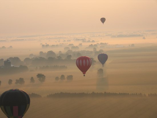 flying balloons in the morning mist
